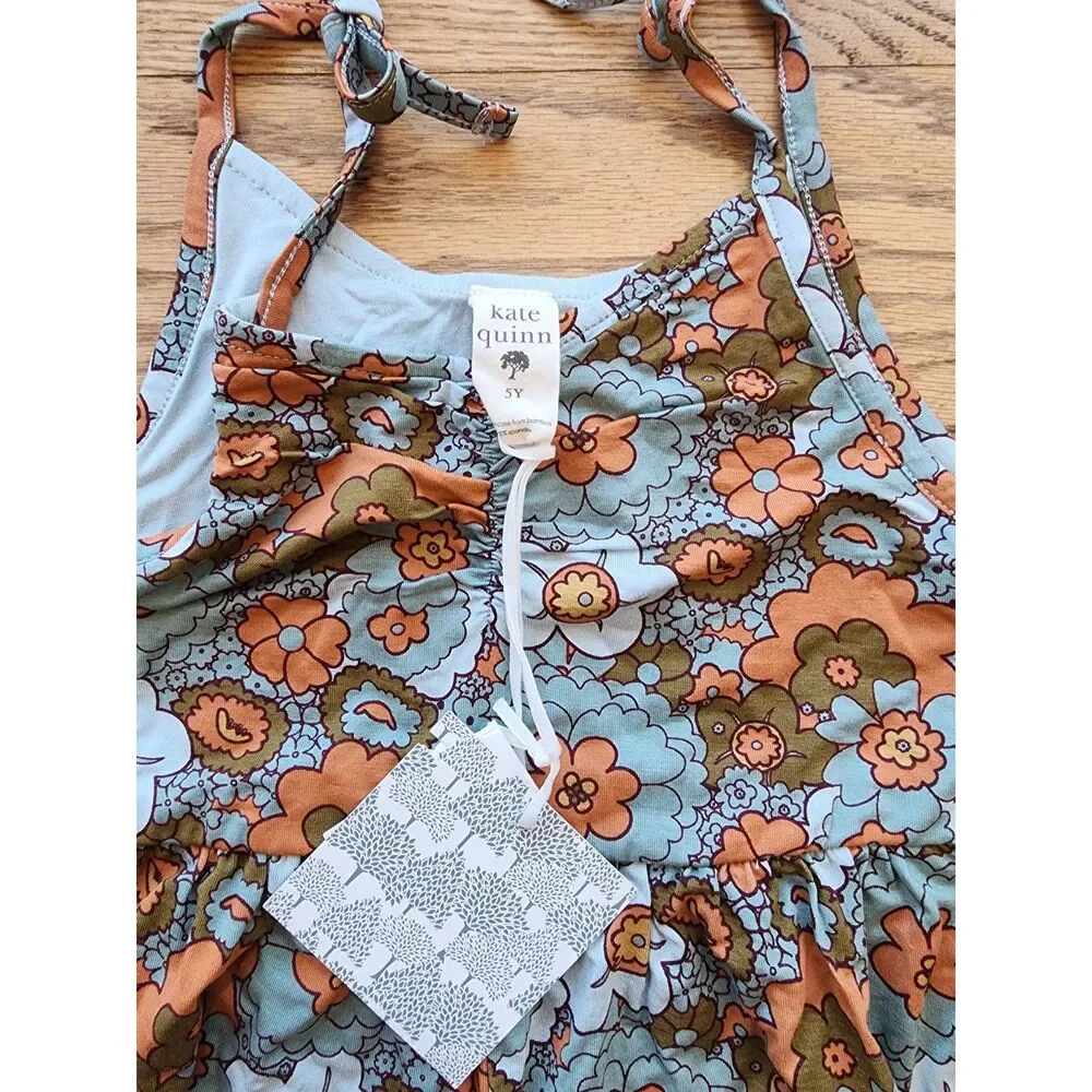 Kate Quinn 5Y Spaghetti Ruched Gauccho Jumpsuit Jadeite Mid-Century Floral New